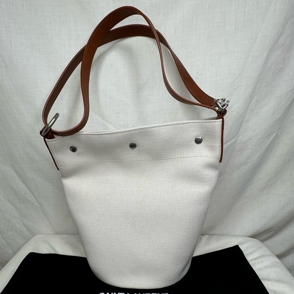 Saint Laurent Rive Gauche Bucket Bag in Canvas and Leather, adjustable strap - Picture 9 of 9